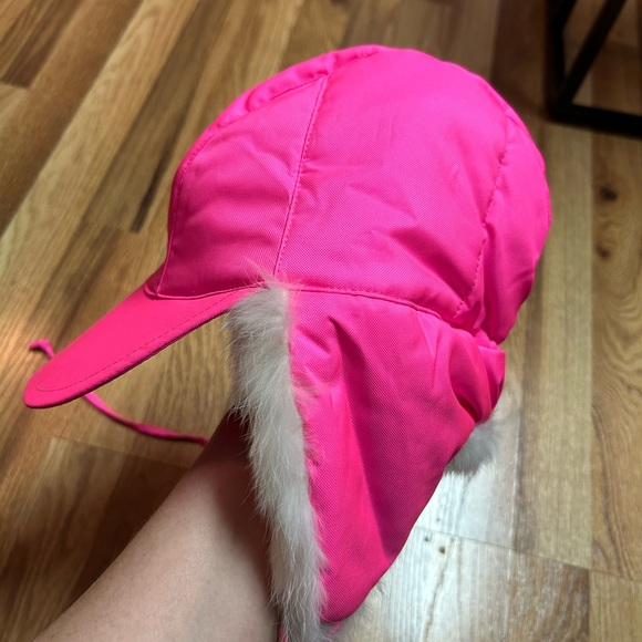 VINTAGE 80s 90s Pink Hat Gloves Set Ski Hot Pink Rabbit Fur Leather Aprés winter - Picture 5 of 9